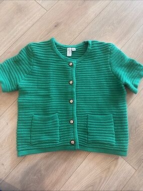 Joie Green Knit Button-Down Short Sleeve Cardigan